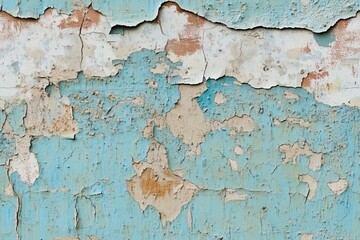 Fototapeta premium Seamless painted bunker concrete weathered wall with peeling paint in shades of blue and beige. The texture shows cracks and layers of old paint, creating an abstract pattern.
