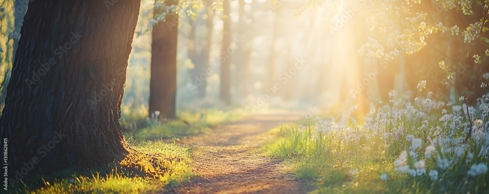 Poster sunlight streams through trees and illuminates a forest path beautifully