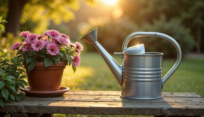 Metal watering can resting on a wooden bench beside a pot of blooming flowers, illuminated by warm sunset light in a tranquil garden setting
