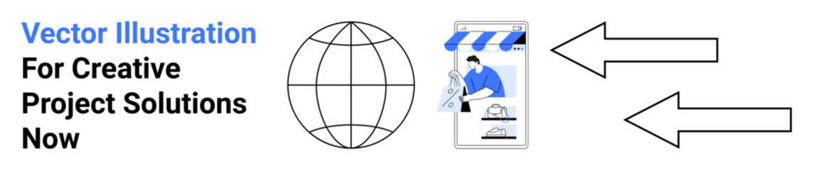 Globe representing global connectivity, storefront mobile app illustration, and two arrows indicating direction and processes. Ideal for online commerce, teamwork, global reach, connectivity, project