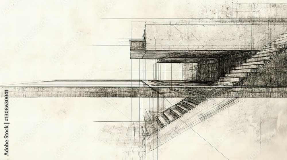 Poster detailed architectural drawing of modern building with lines and scale
