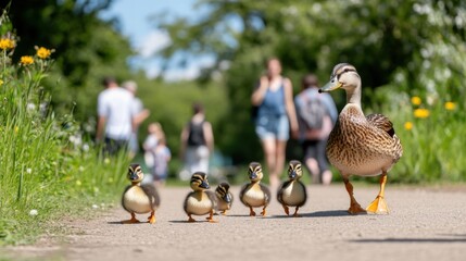 Fototapeta premium A mother duck leads her five ducklings along a park path, with blurred people walking in the background.