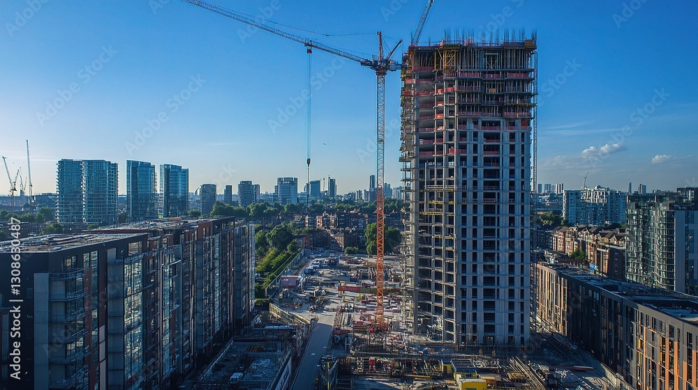 Poster high construction site with crane working on large building project