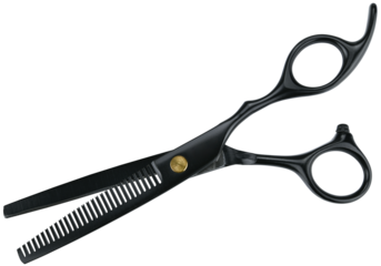 Professional hair scissors or thinning scissors isolated on a transparent background. Completely in focus. Focus stacking. Top view.