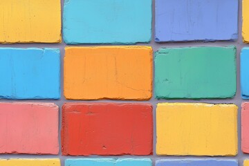 Seamless painted cinder block vibrant wall made of colorful bricks in various shades including yellow, blue, green, orange, red, and pink. The texture is rough and the colors are bright.