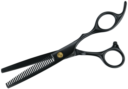 Professional hair scissors or thinning scissors isolated on a transparent background. Completely in focus. Focus stacking. Top view.