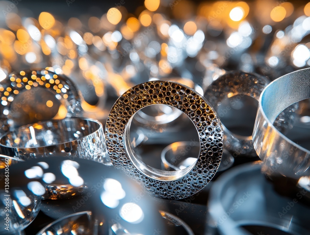Poster shiny metal rings with intricate patterns surrounded by blurred sparkling lights in a decorative dis