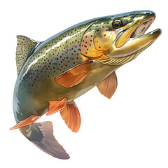 A vibrant illustration of a trout, leaping out of the water.  Its scales shimmer with an array of greens, golds, and browns.