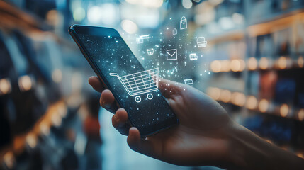 Businessman hold smartphone with online shopping concept, marketplace website with virtual interface of online Shopping cart part of the network, Online shopping business with selecting shopping cart