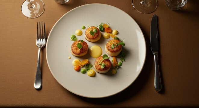 Elegant plate of seared scallops garnished with herbs and sauces, set on a fine dining table - callo de hacha