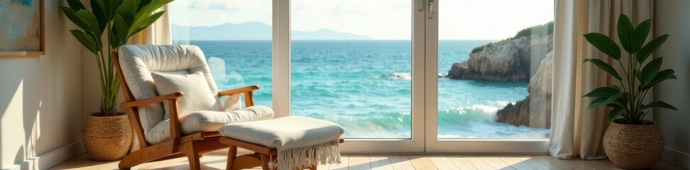 Fototapeta premium Cozy wooden chair, soft blanket, seaside view , rustic, seaside, chair