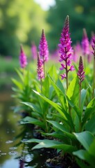 Obraz premium Dense purple loosestrife overtaking wetland vegetation, native plants, conservation issue
