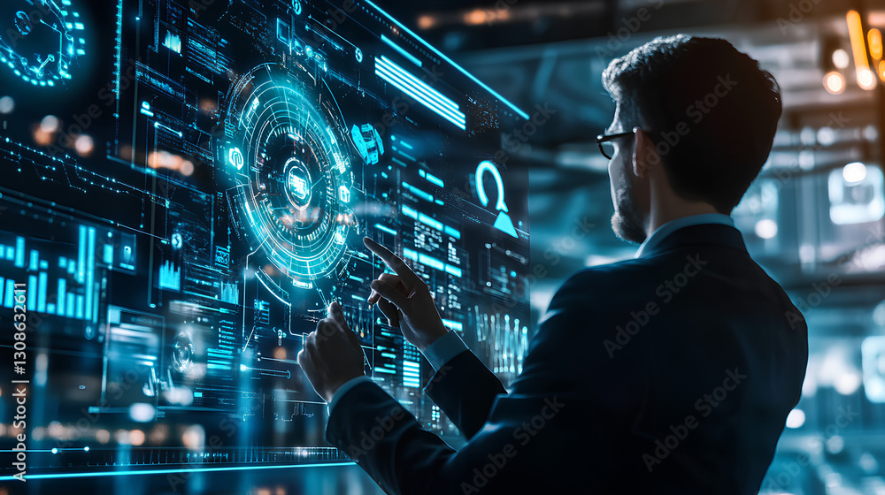Poster businessman use artificial intelligence ai technology for enhanced work efficiency data analysis and