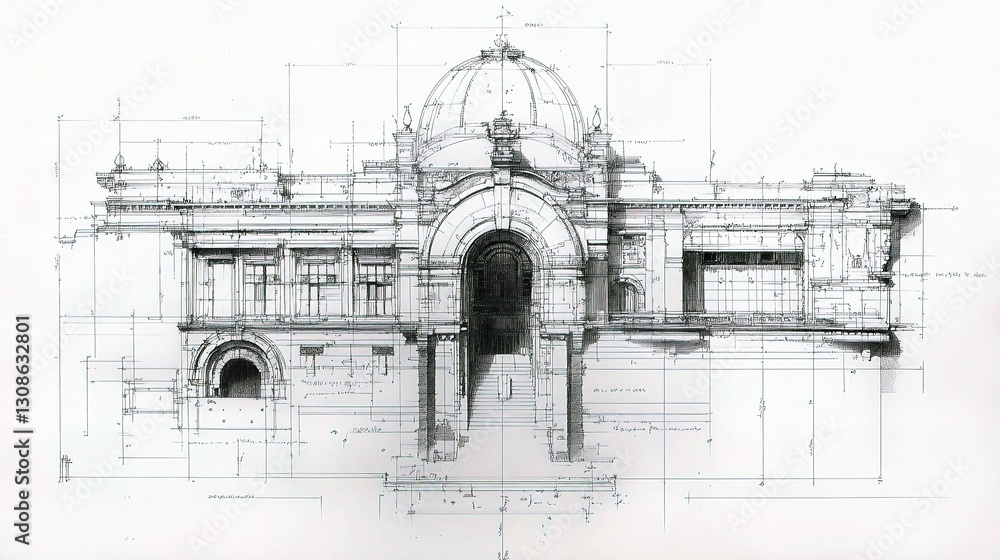 Poster detailed architectural drawing of a building with precise lines