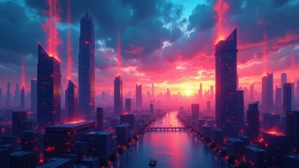 Fototapeta premium Holographic immersive worlds, A dazzling futuristic cityscape under a holographic sky with vivid energy beams forming a digital universe