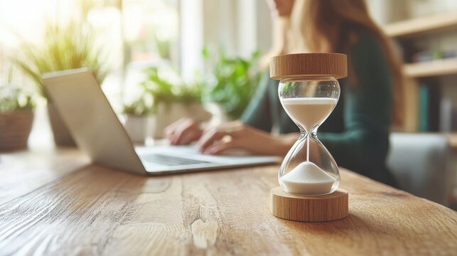 Productive woman working on laptop with hourglass on wooden desk cozy office environment closeup perspective