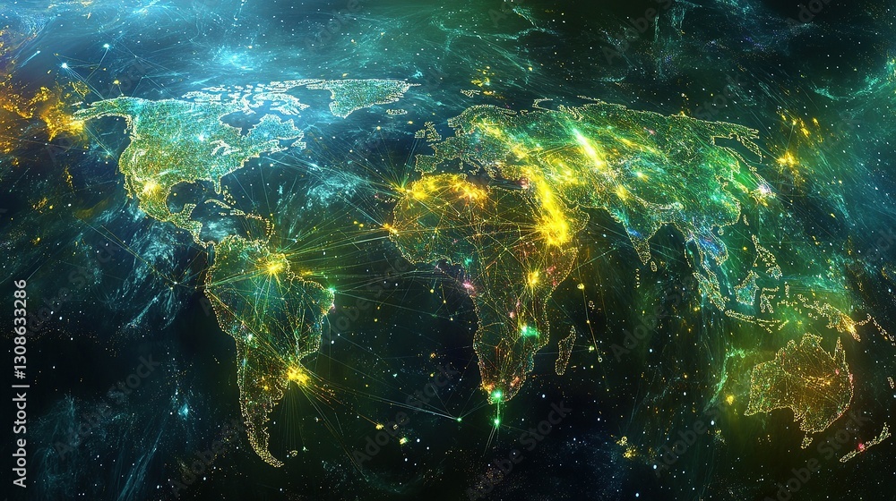 Poster digital representation of a global network with lines and scale