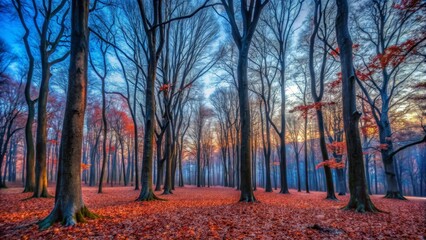 Fototapeta premium Serene Autumnal Woodland at Dawn Tall Trees, Red Leaves, and Misty Sunlight