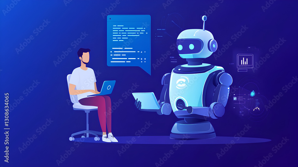 Poster chatbot conversation assistant. person using online customer service with chatbot to get support. ai