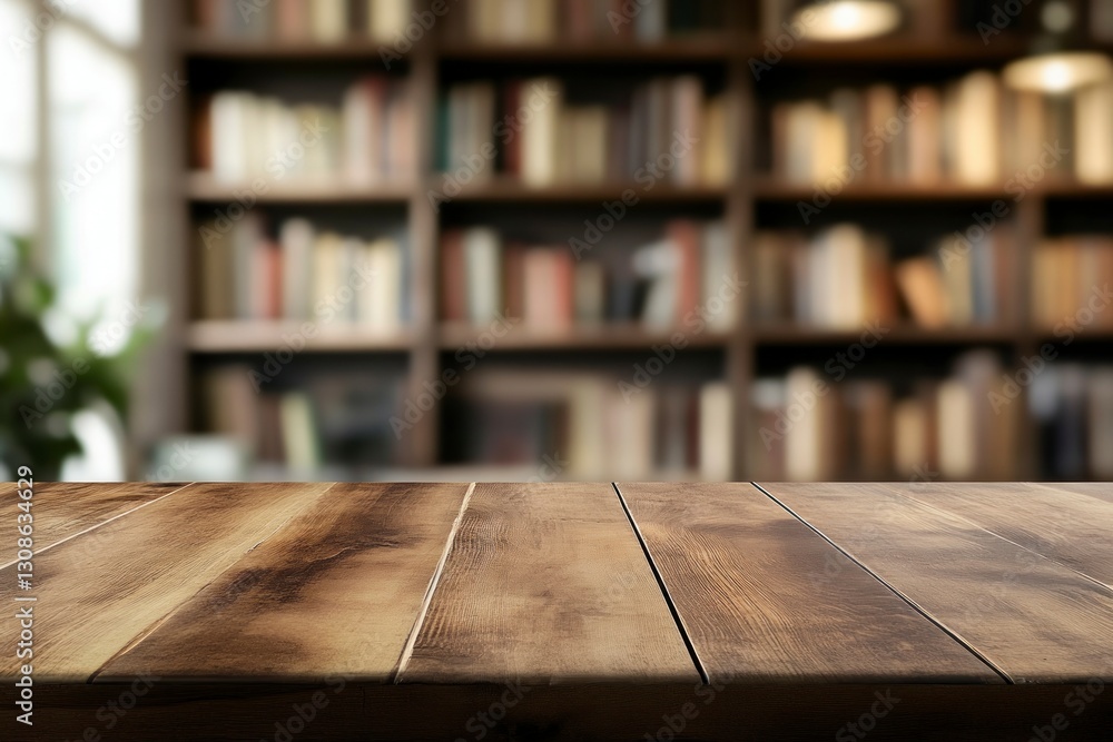 Poster wooden table surface over library background for product mockup display