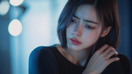 Thoughtful young woman portrait blue light aesthetic sadness pensive mood model up girl face eyes