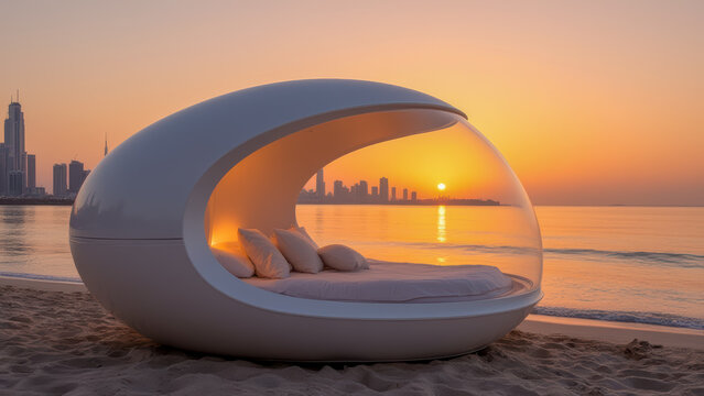 Modern pod-shaped bed on beach at sunset with city skyline in background and soft lighting ambiance - Powered by Adobe