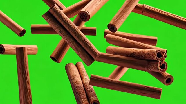 Cinnamon sticks flying on green screen 