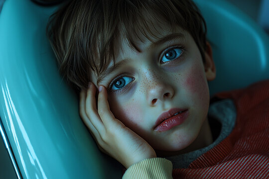 Portrait of a young boy with blue eyes and freckles resting his head gently on a teal surface kid sad