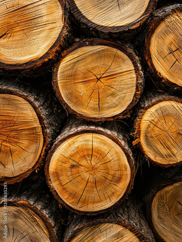 Poster logs stack: a close-up shot showcases a neatly stacked pile of cut logs, highlighting the intricate 