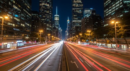 Obraz premium High-speed motion blur of city lights at night, capturing the essence of urban energy and fast-paced life in a dynamic metropolis
