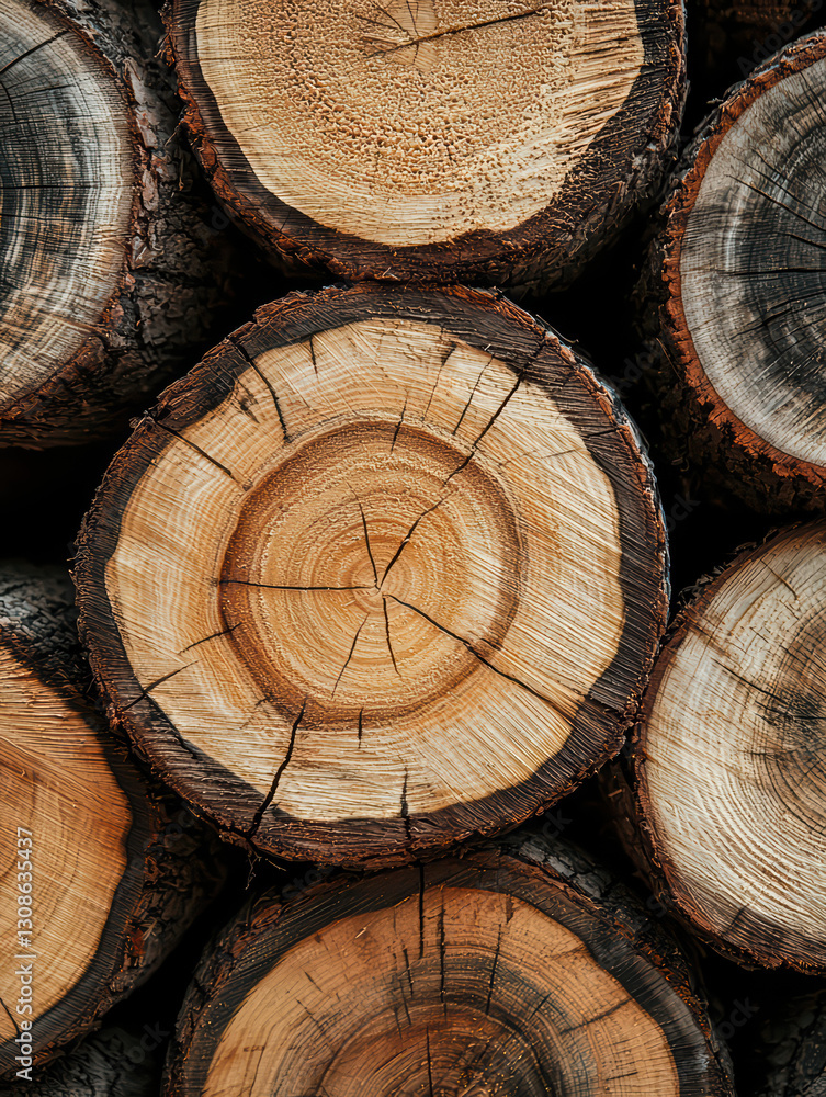 Poster nature's rings: a close-up perspective reveals a stack of meticulously arranged logs, their cross-se