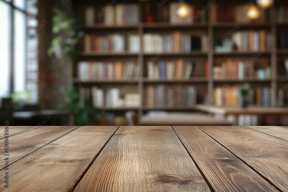 Poster wooden table surface with blurred bookshelf background for product display