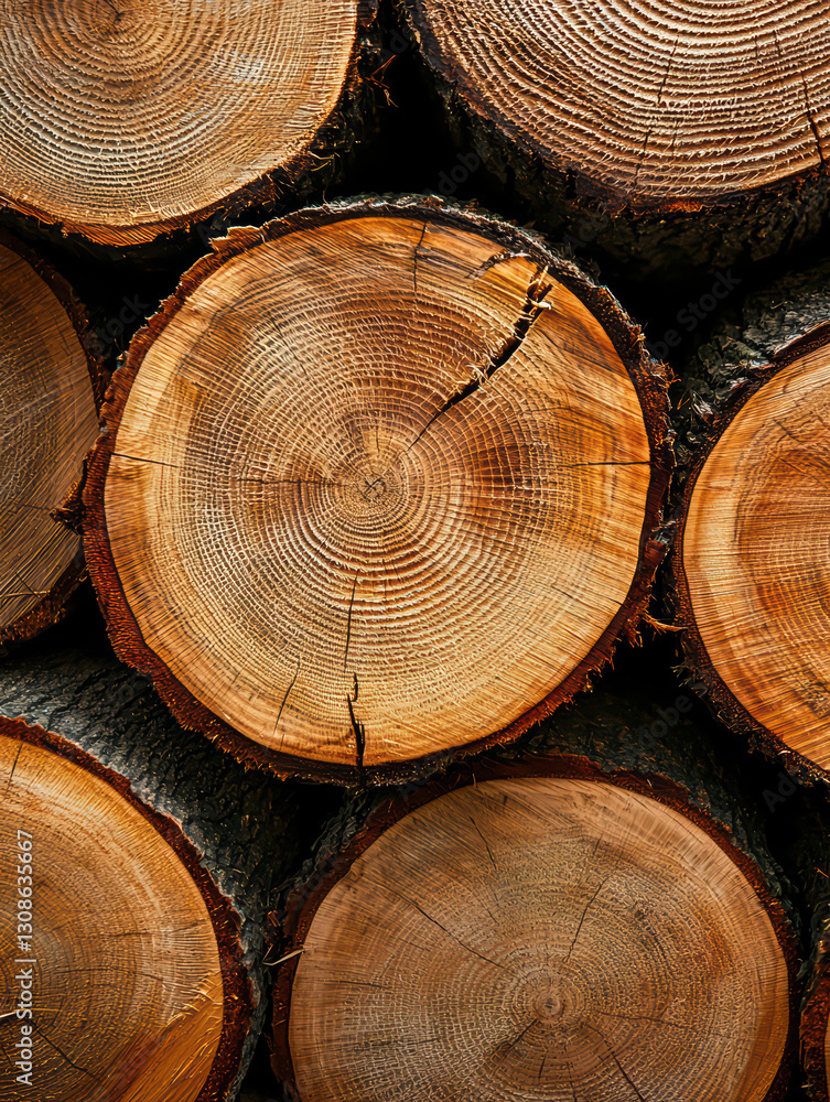 Poster wood grain circle patterns: an eye-level view of neatly stacked tree logs showcases their intricate 