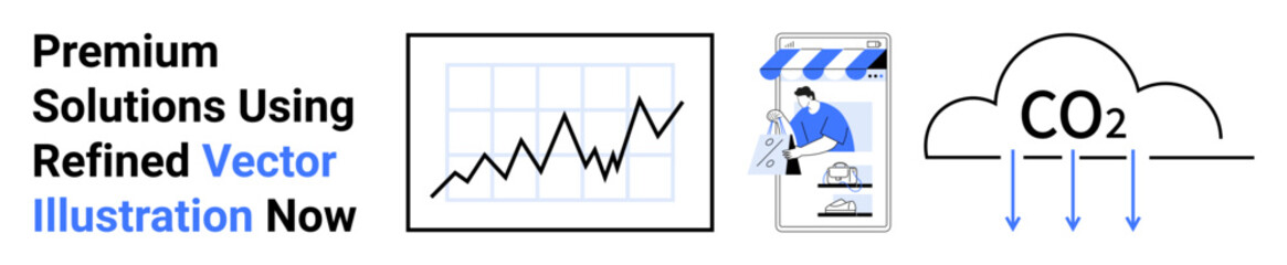 Line graph showing data trends, person at storefront with shopping cart, CO2 cloud with arrows. Ideal for business, environment, commerce, technology, sustainability, research flat landing page