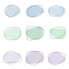 A set of different organic shapes of spots, frames, text field, vector illustration, flat design. Decorative blank element for decoration, design, speech, labels in pastel shades