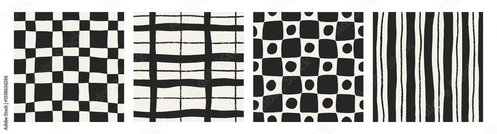 Poster seamless checkered and striped patterns set. black and white geometric design, repeating print, plai