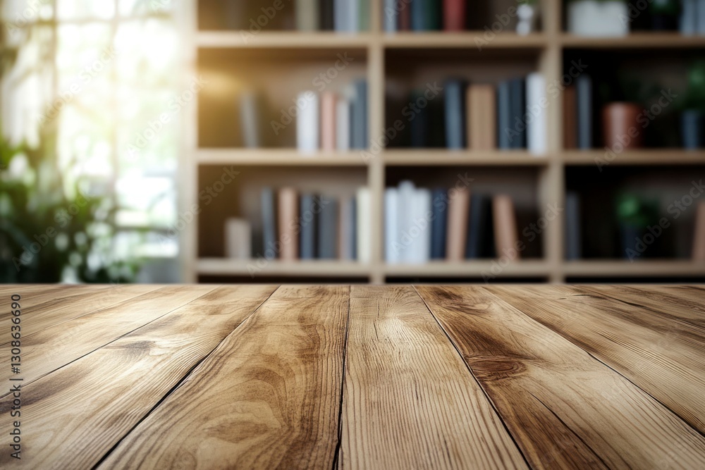 Poster rustic wooden table with blurred bookshelf background for product display