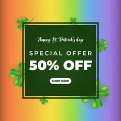 Happy St Patricks day sale banner with leaves quatrefoil, rainbow. Vector illustration. Coupon, certificate, discount design