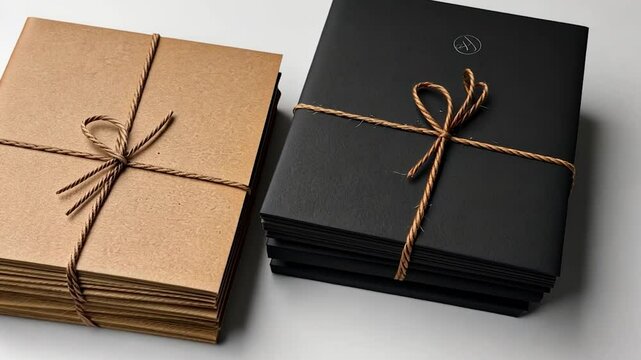 Stacked bundles of textured paper in brown and black, tied with twine, on a minimalist background