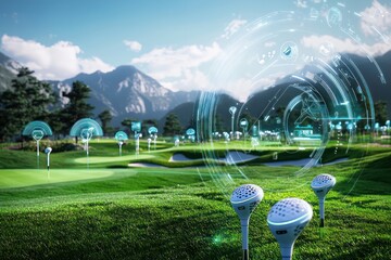 Real-time swing tips from smart golf clubs on futuristic course.