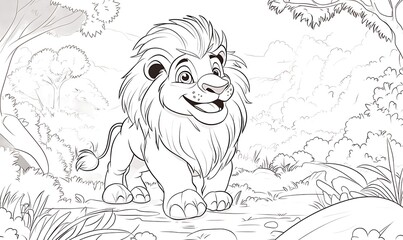 This is a black-and-white coloring book illustration featuring a happy cartoon lion in a lush jungle setting