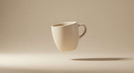 A minimalist ceramic coffee cup floating against a pastel beige background, with soft shadows and an elegant, simple aesthetic