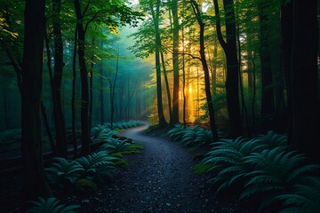Obraz premium Serene Forest Path Illuminated by Radiant Morning Sunlight Through Lush Greenery