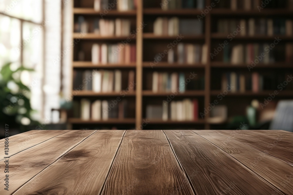 Poster rustic wood table top with blurred bookshelf background for product display