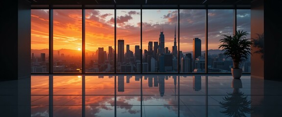 Cityscape View from Office Window at Sunset.