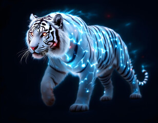 Obraz premium White Tiger with Glowing Blue Light and Red Eyes in Fantasy Style