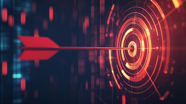 Abstract red arrow striking digital target center precisely accurate technology aim goal data future