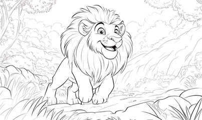 This is a black-and-white coloring book illustration featuring a happy cartoon lion in a lush jungle setting