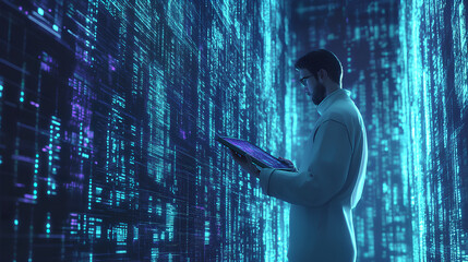 Data science and engineering. Computer programmer using digital tablet analyzing big data and cloud computing. Algorithm and AI deep learning, digital technology, data analytics concept