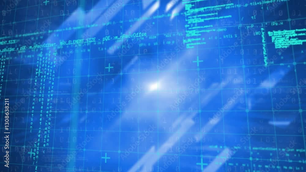 Poster binary code and light burst creating abstract animation on digital blue background